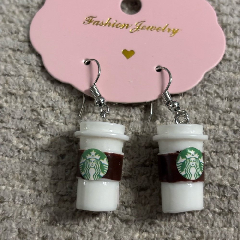 Mini Coffee Cup Dangle Earrings with Green Logo